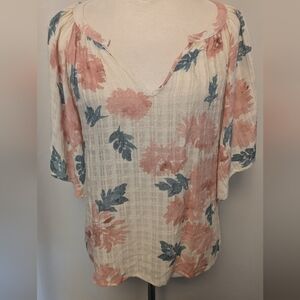 Lovestitch Flowy Cool Rayon Floral Blouse With Flutter Sleeves, V-neck, Size S